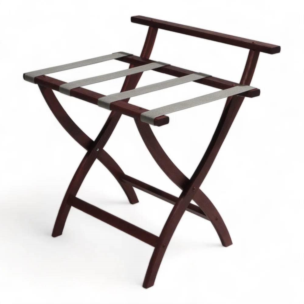 Solid Wood High Back Folding Luggage Rack with Grey Straps in Dark Brown Finish - PRHOMZ