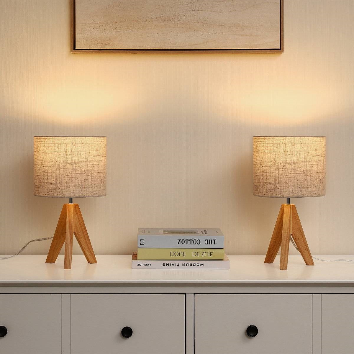Set of 2 - Solid Wood Tripod Table Lamp with Beige Linen Drum Shade-2