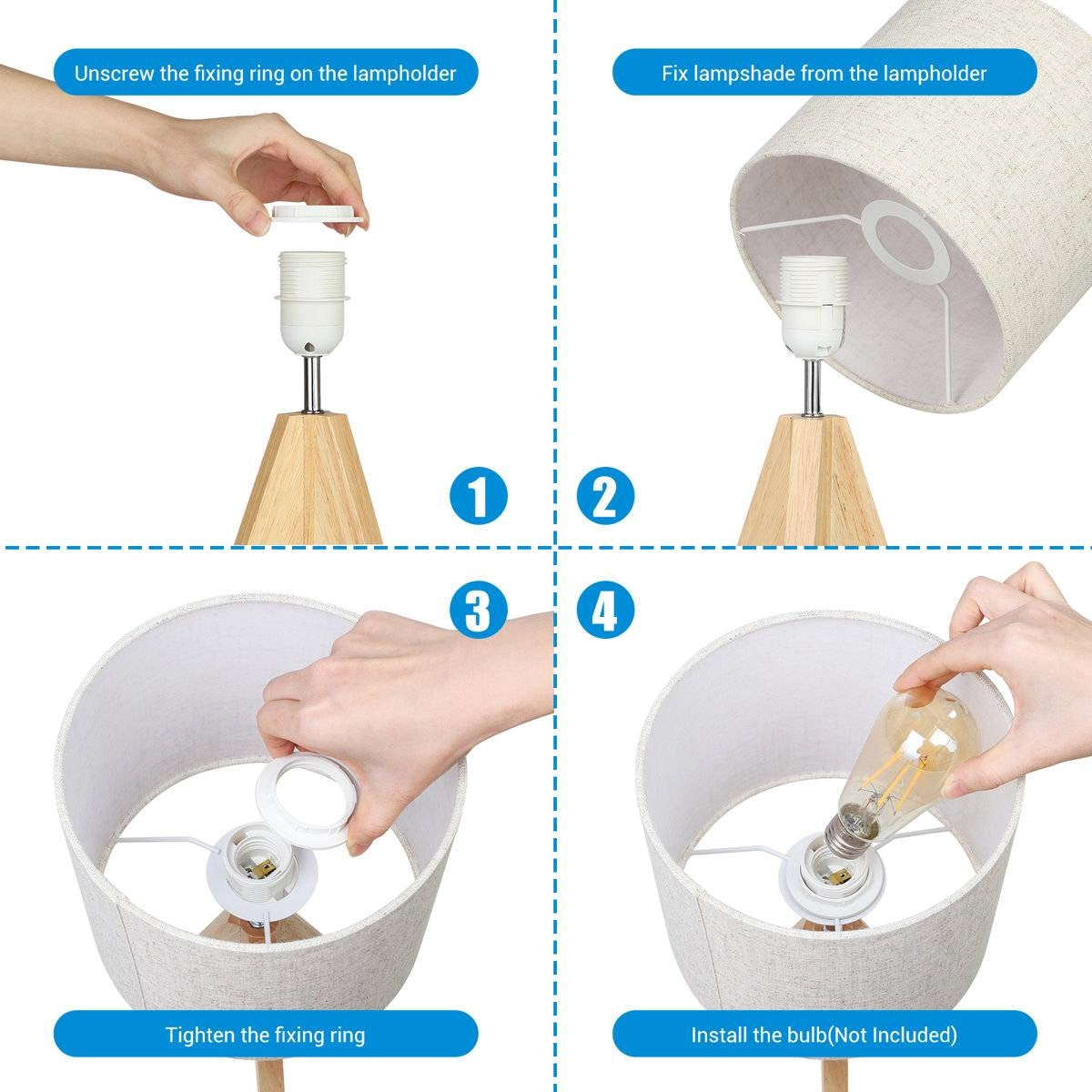 Set of 2 - Solid Wood Tripod Table Lamp with Beige Linen Drum Shade-3