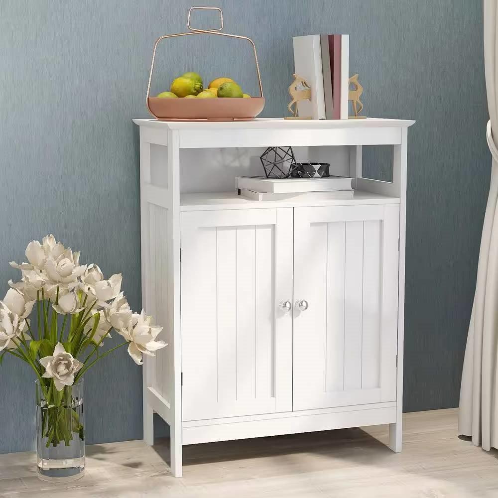 2-Door Bathroom Linen Cabinet with Storage Shelf in White Wood Finish-2