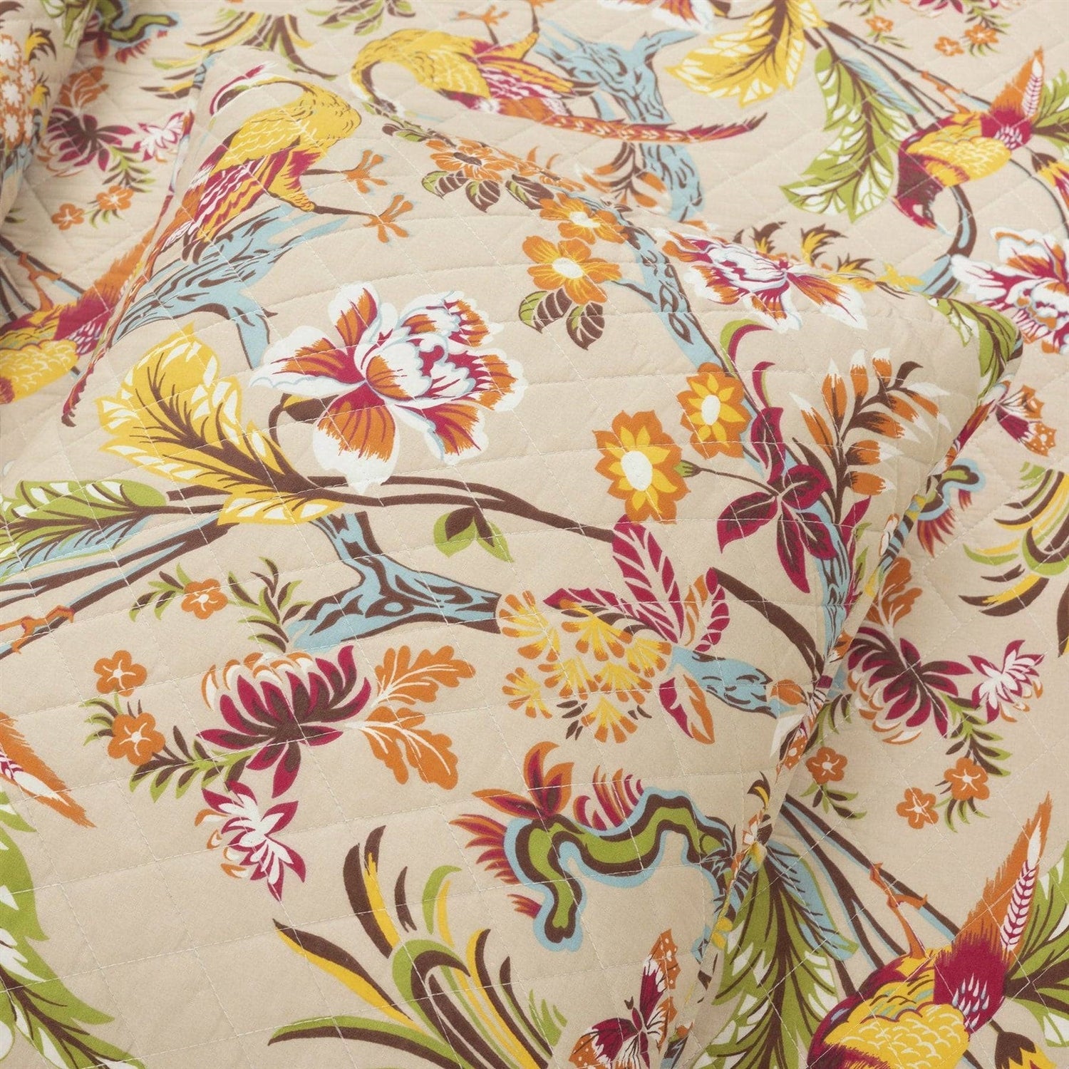 King size 3 Piece Peacock Birds Floral Lightweight Polyester Quilt Set Tan - PRHOMZ