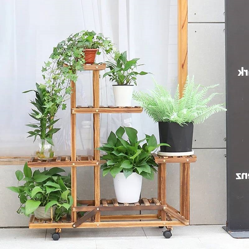 6-Shelf Portable Wooden Flower Pot Plant Stand with Locking Wheels-1