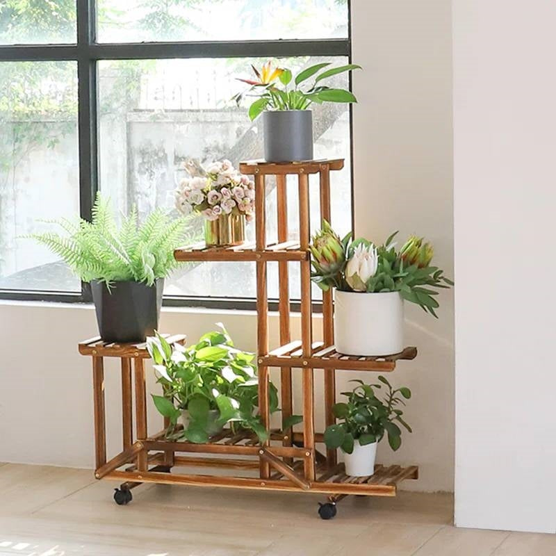 6-Shelf Portable Wooden Flower Pot Plant Stand with Locking Wheels-2