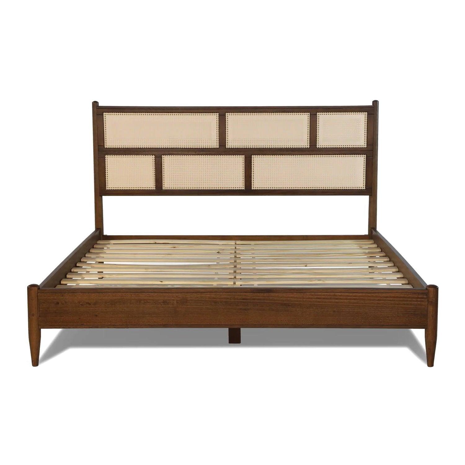 King Size Hardwood Platform Bed Frame with Cane Paneling Headboard in Walnut - PRHOMZ