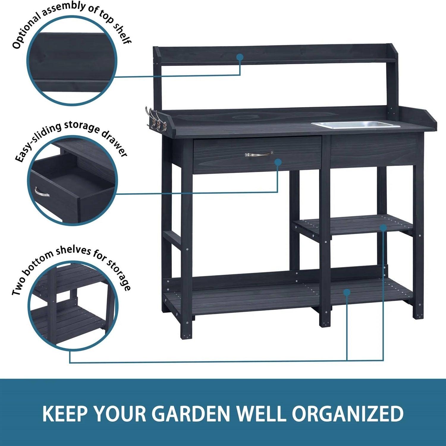 Grey Wood Outdoor Garden Potting Bench Storage Shelf with Removeable Sink - PRHOMZ