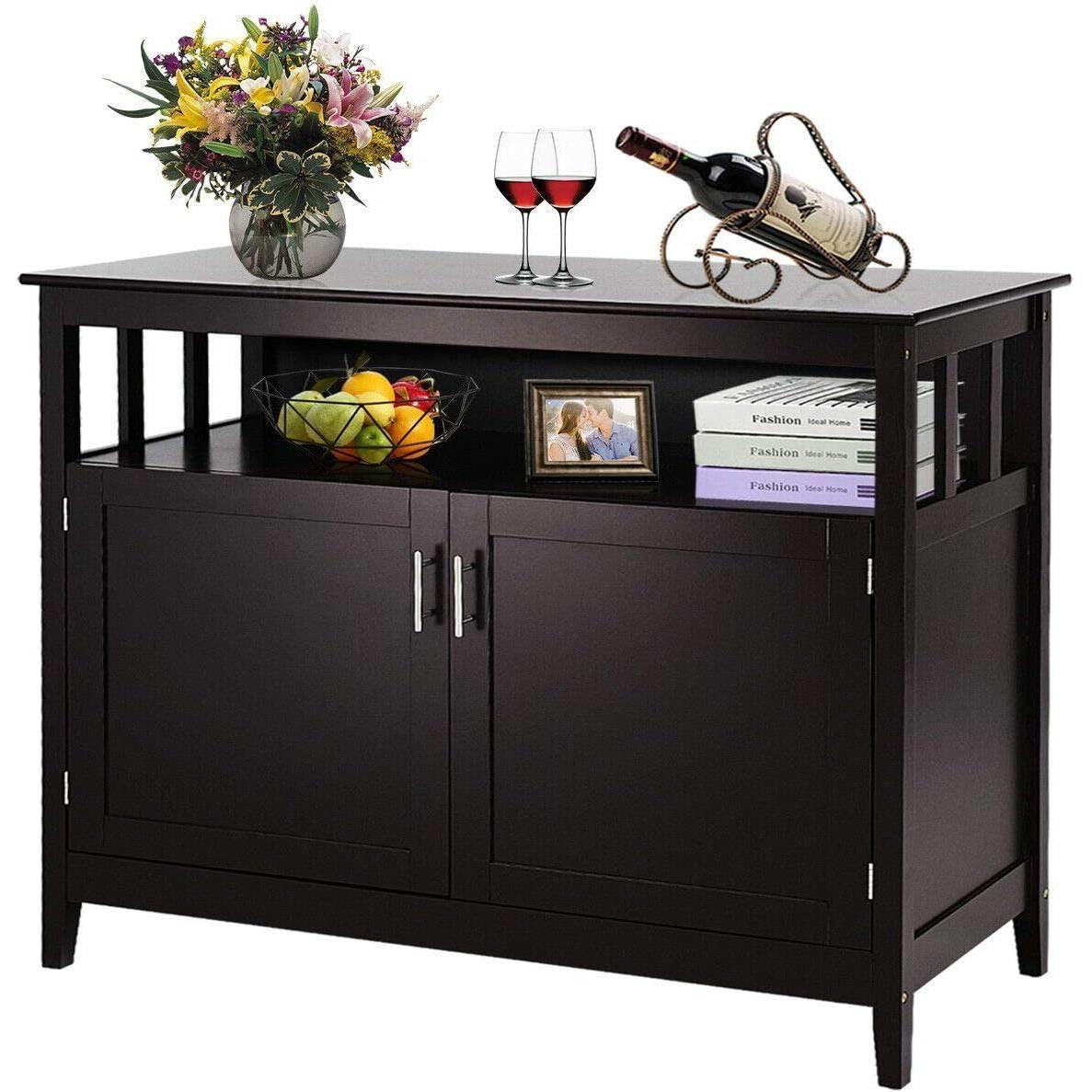 Dark Brown Wood 2-Door Dining Buffet Sideboard Cabinet with Open Storage Shelf - PRHOMZ