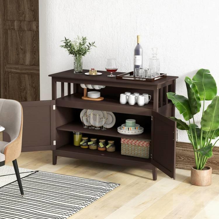 Dark Brown Wood 2-Door Dining Buffet Sideboard Cabinet with Open Storage Shelf - PRHOMZ