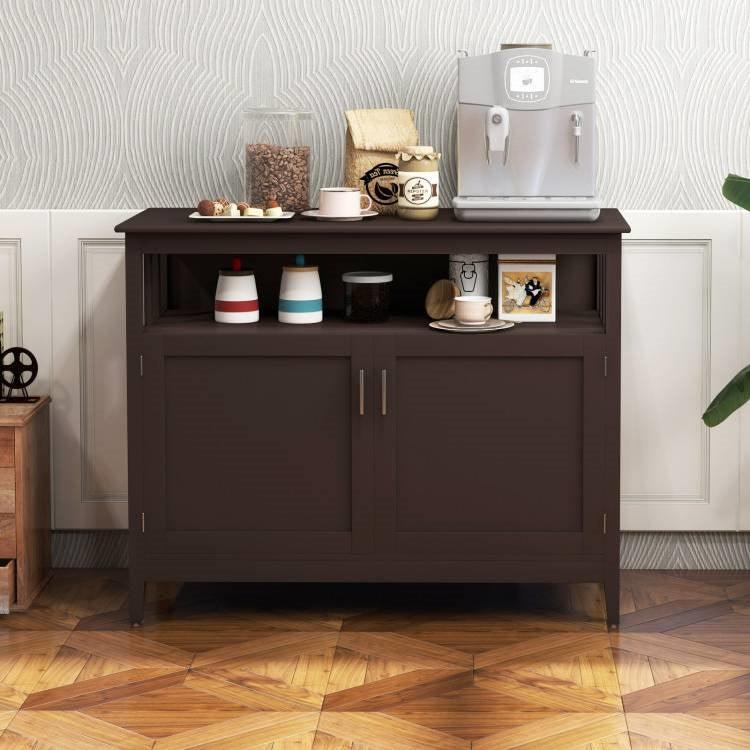 Dark Brown Wood 2-Door Dining Buffet Sideboard Cabinet with Open Storage Shelf - PRHOMZ