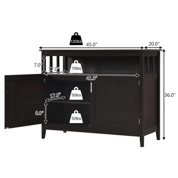 Dark Brown Wood 2-Door Dining Buffet Sideboard Cabinet with Open Storage Shelf - PRHOMZ