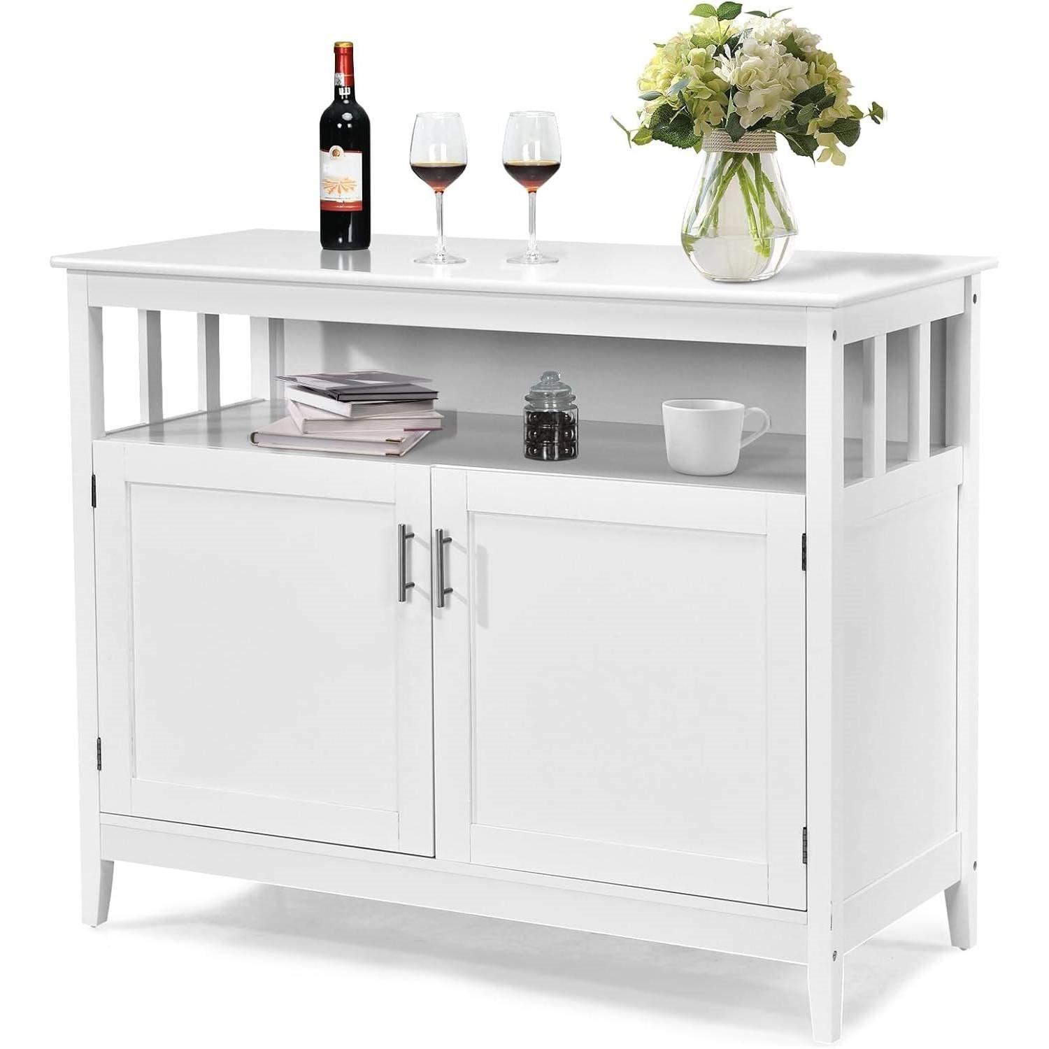 White Wood 2-Door Dining Buffet Sideboard Cabinet with Open Storage Shelf - PRHOMZ