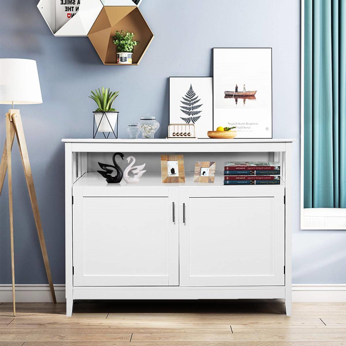 White Wood 2-Door Dining Buffet Sideboard Cabinet with Open Storage Shelf - PRHOMZ