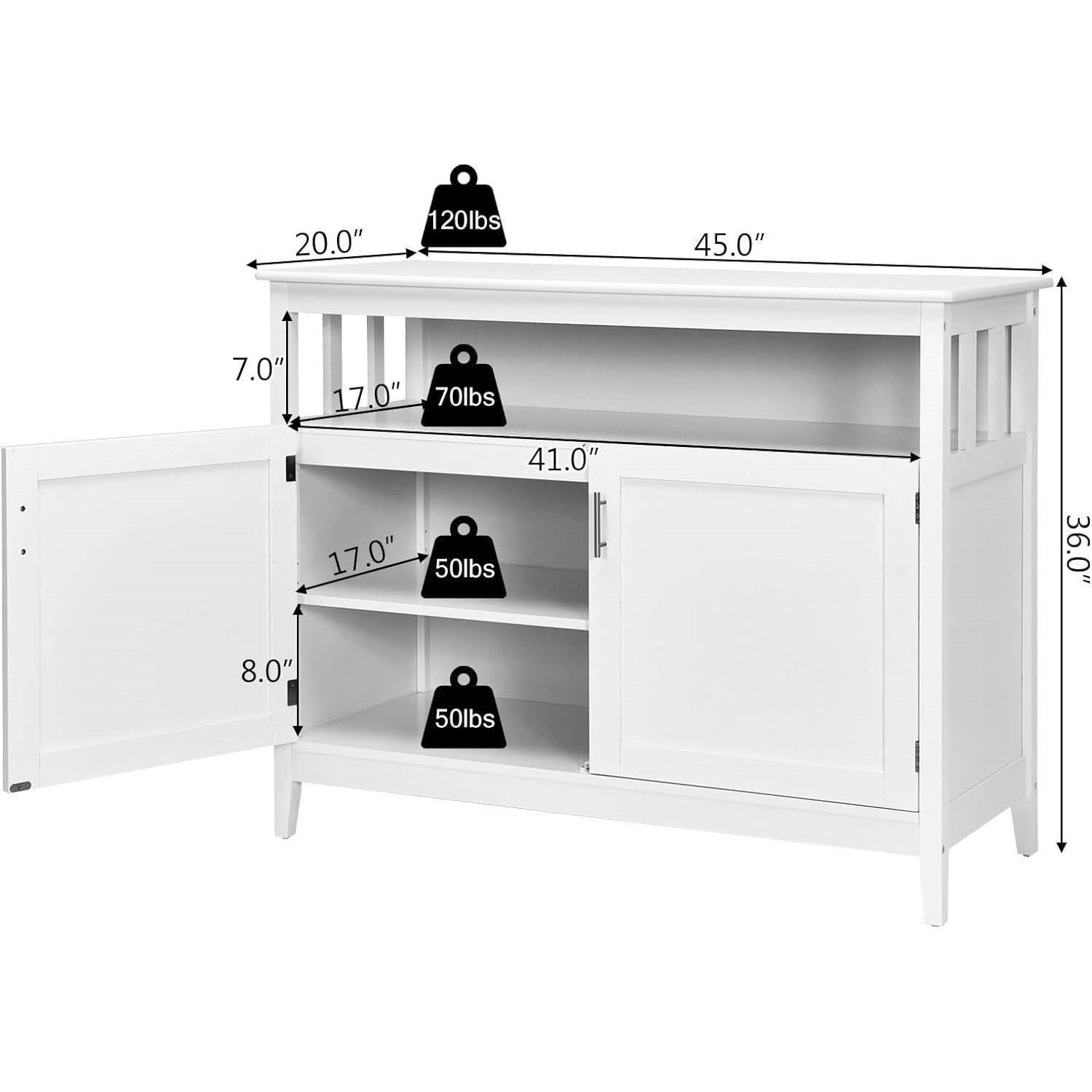 White Wood 2-Door Dining Buffet Sideboard Cabinet with Open Storage Shelf - PRHOMZ