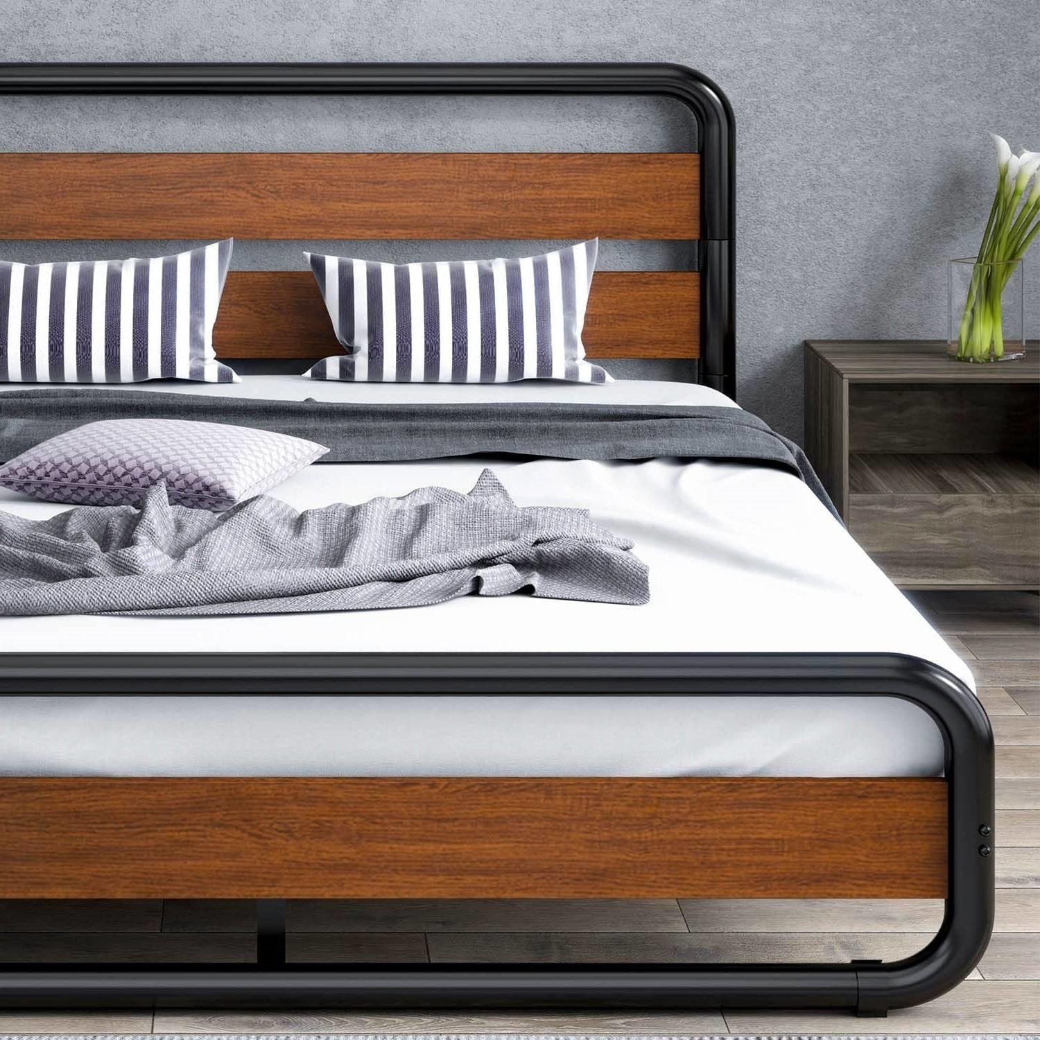 Queen Heavy Duty Modern Industrial Metal Wood Platform Bed Frame with Headboard - PRHOMZ
