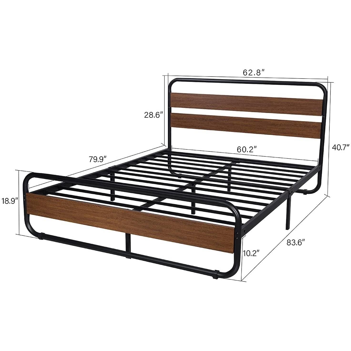 Queen Heavy Duty Modern Industrial Metal Wood Platform Bed Frame with Headboard - PRHOMZ
