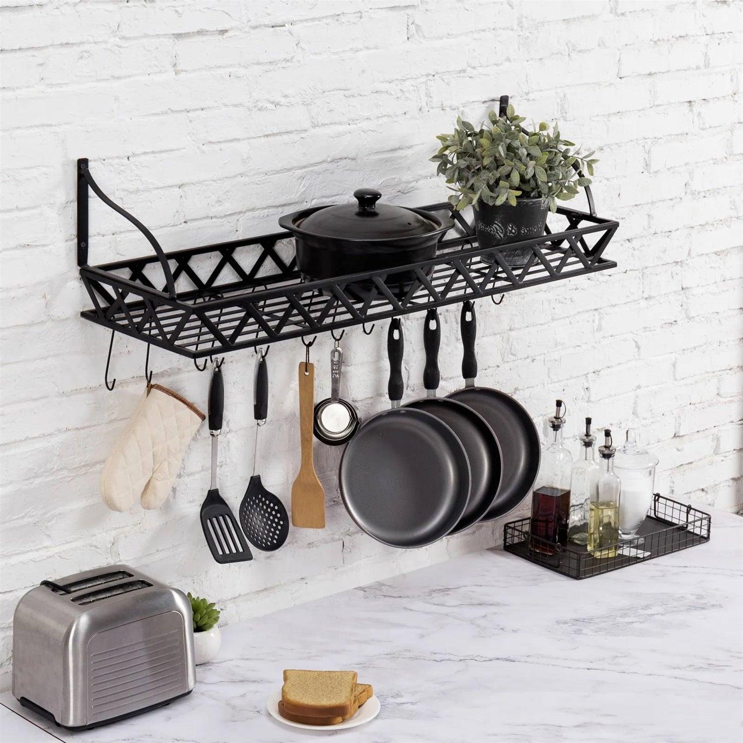 Black Metal Rectangular Wall Mounted Kitchen Pot Rack with 12 Hanging Hooks - PRHOMZ