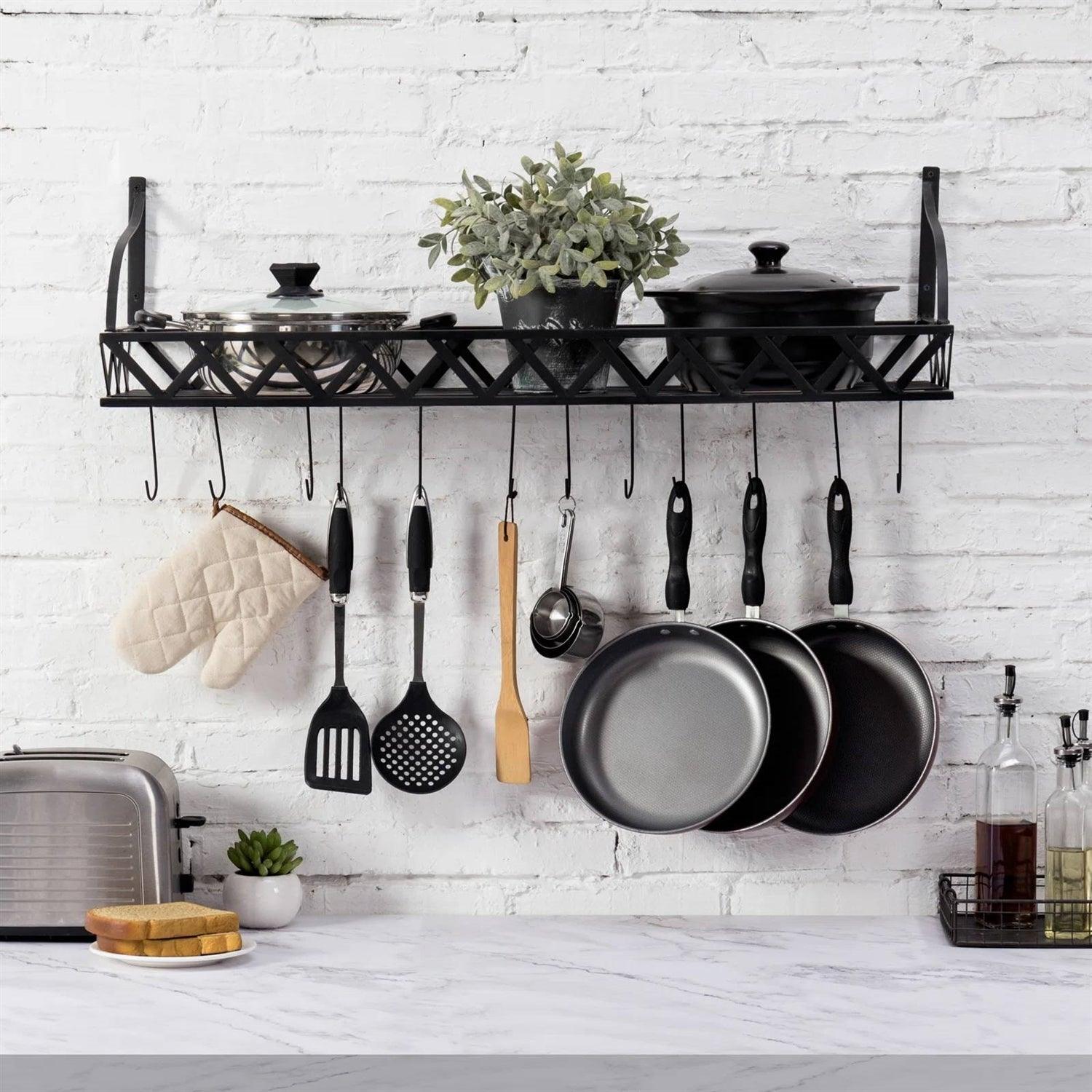 Black Metal Rectangular Wall Mounted Kitchen Pot Rack with 12 Hanging Hooks - PRHOMZ