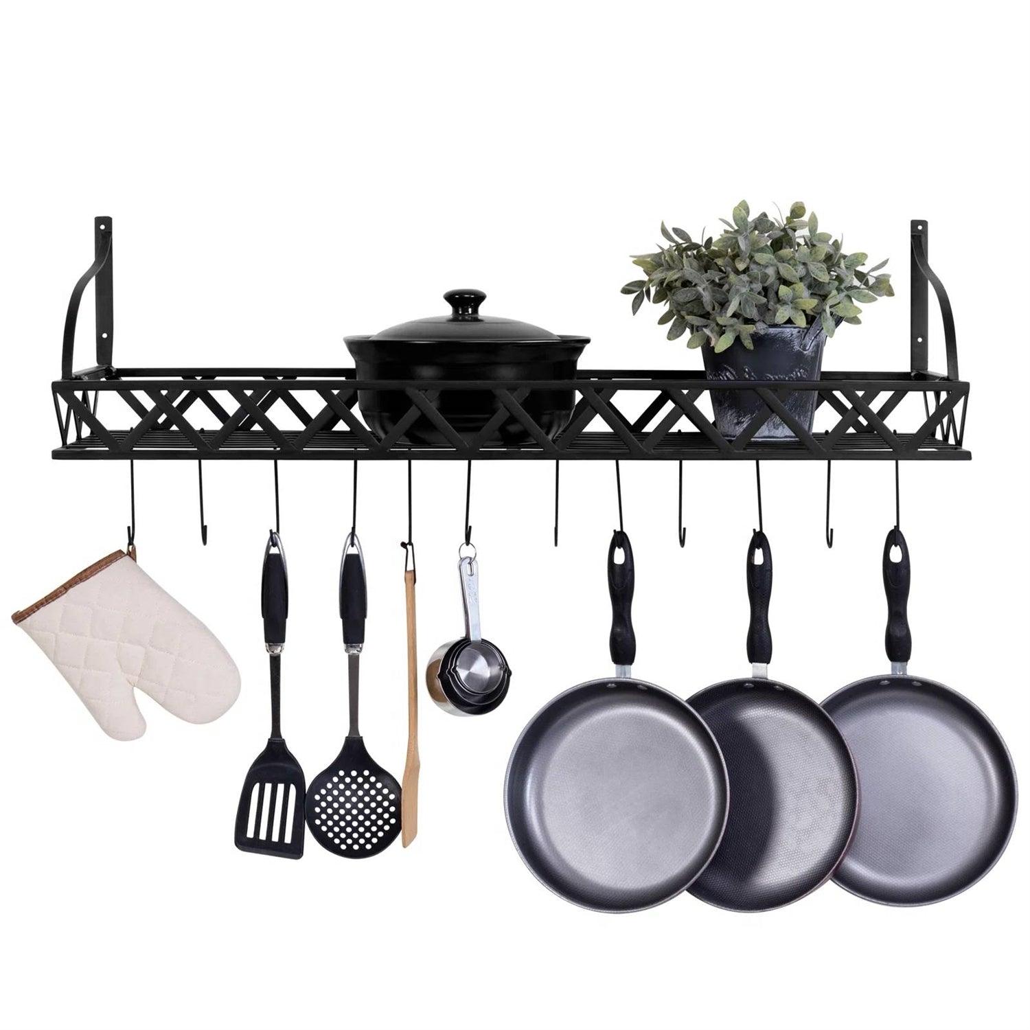 Black Metal Rectangular Wall Mounted Kitchen Pot Rack with 12 Hanging Hooks - PRHOMZ