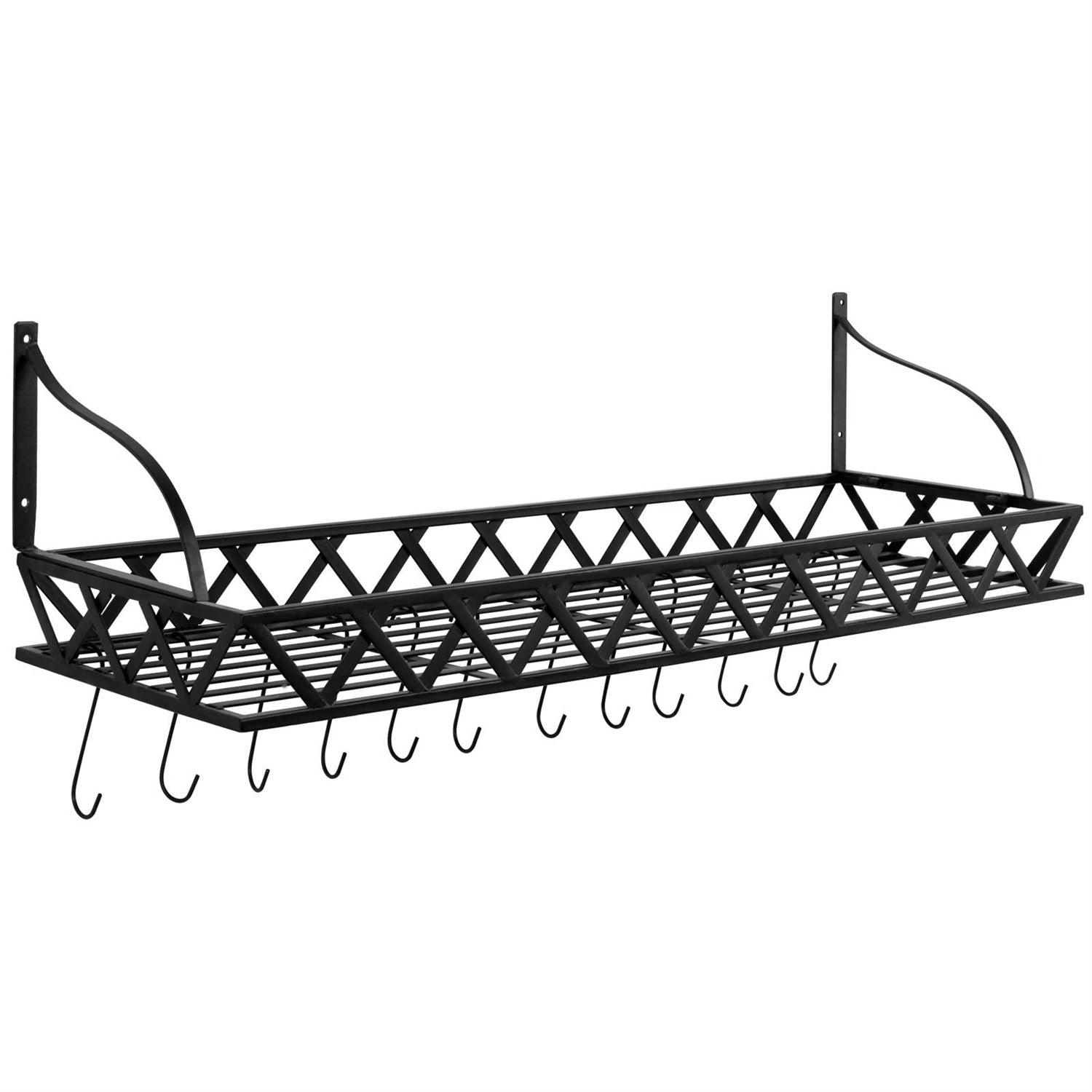 Black Metal Rectangular Wall Mounted Kitchen Pot Rack with 12 Hanging Hooks - PRHOMZ