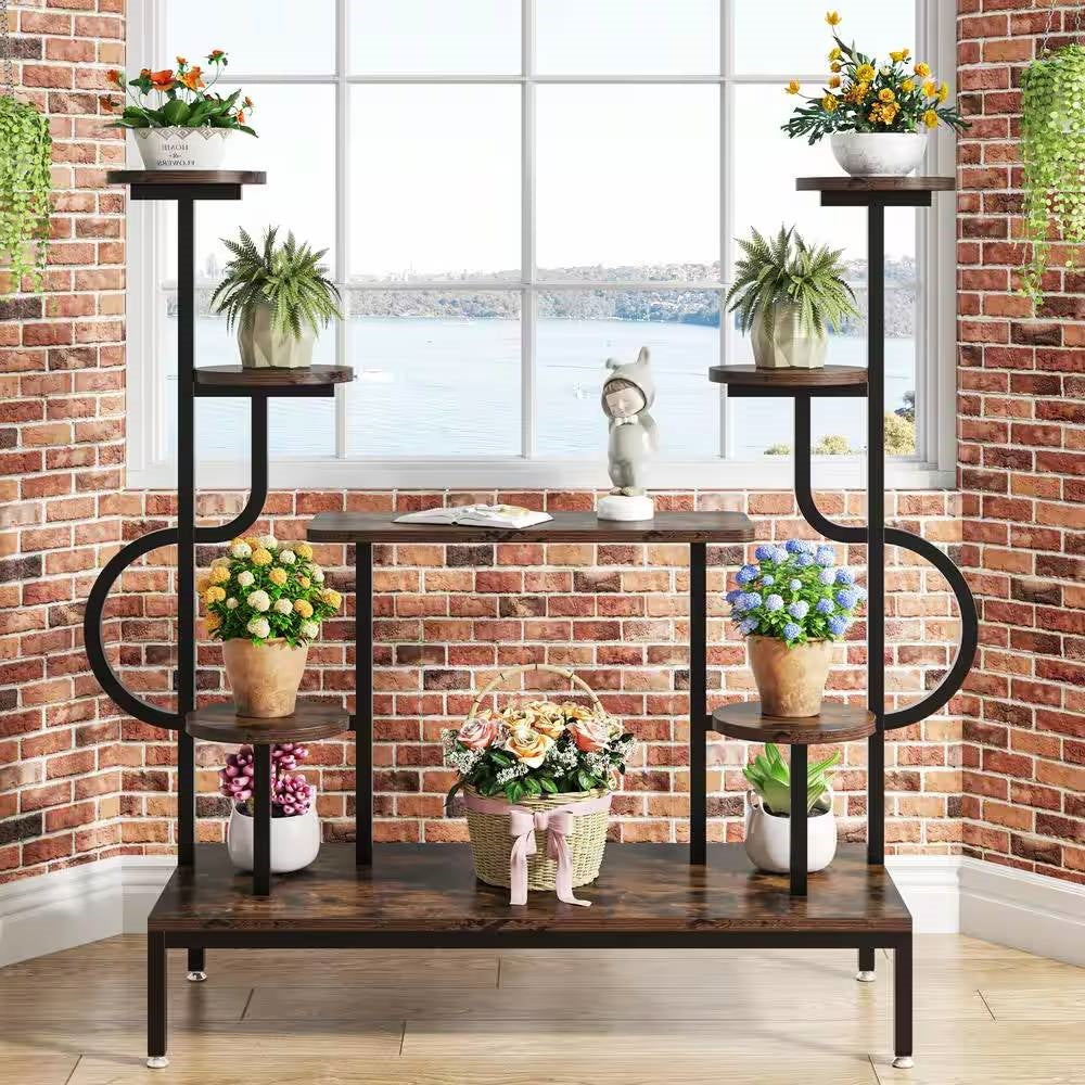Modern Industrial Metal Wood Stepped Shelf Bookcase Plant Stand Shelving Unit-2