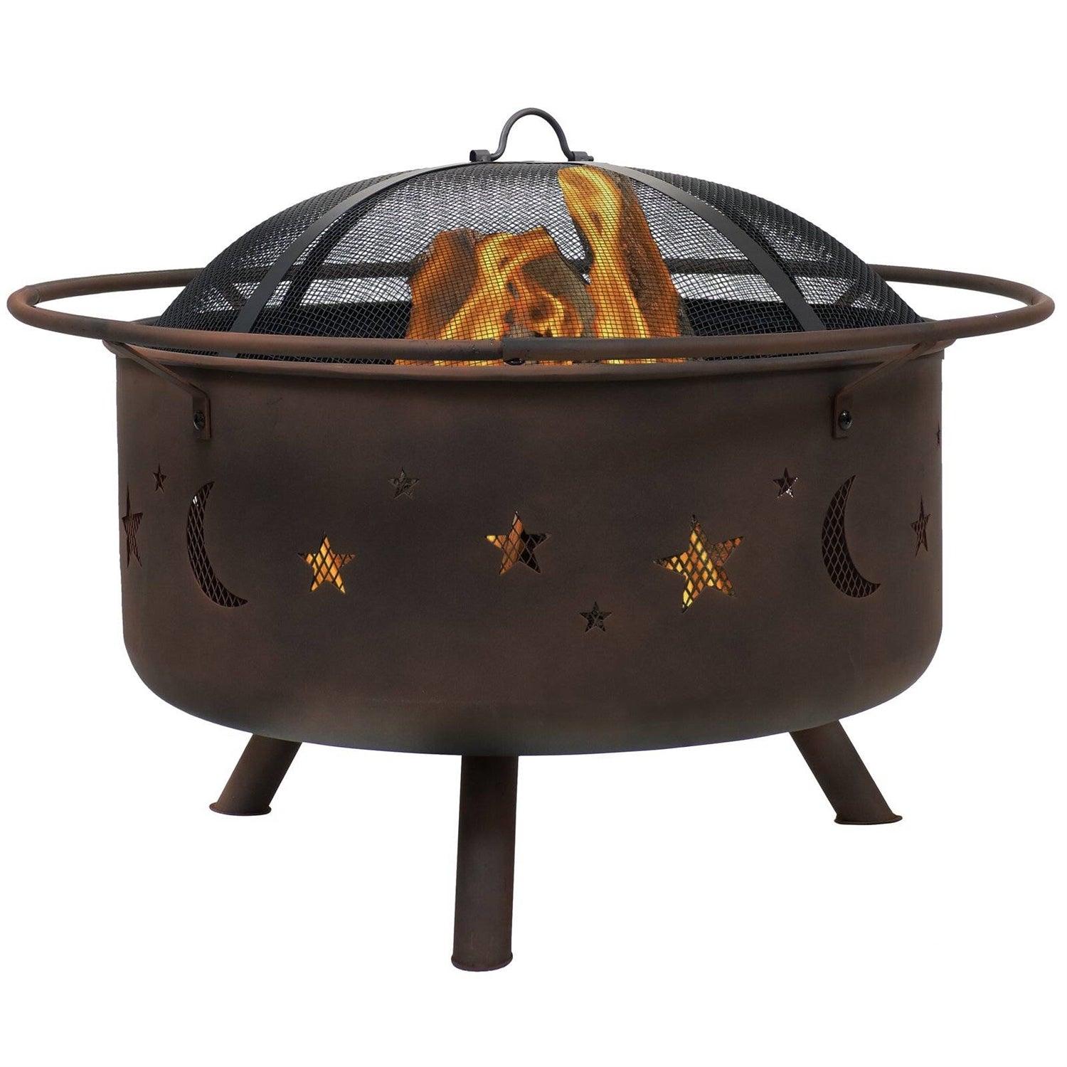 Moon Stars Sky Steel Fire Pit Bowl with Screen Cooking Grate and Poker - PRHOMZ