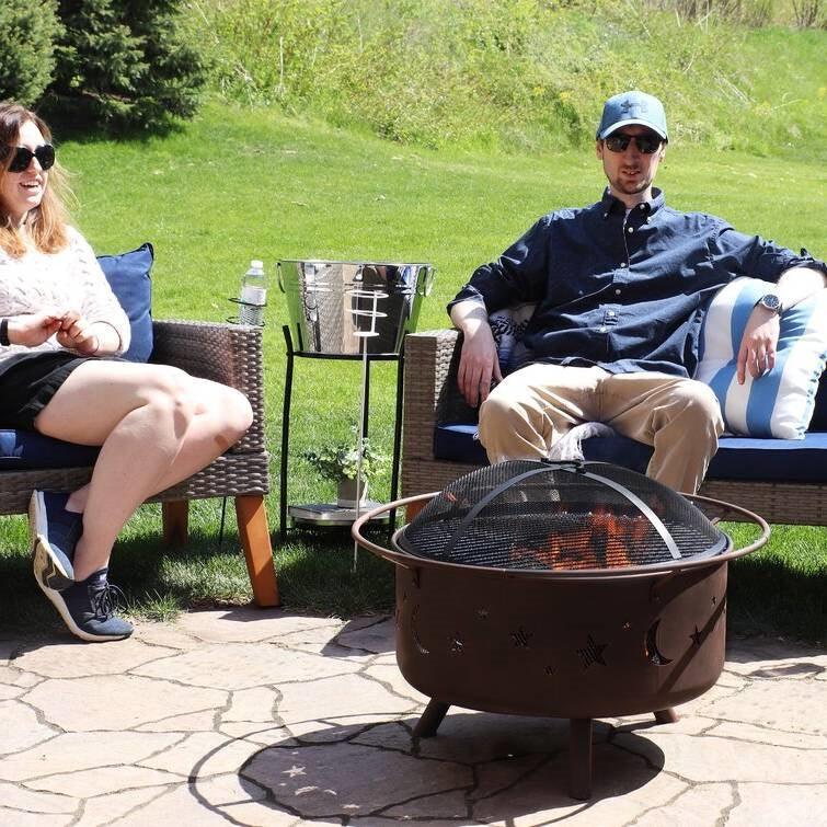 Moon Stars Sky Steel Fire Pit Bowl with Screen Cooking Grate and Poker - PRHOMZ