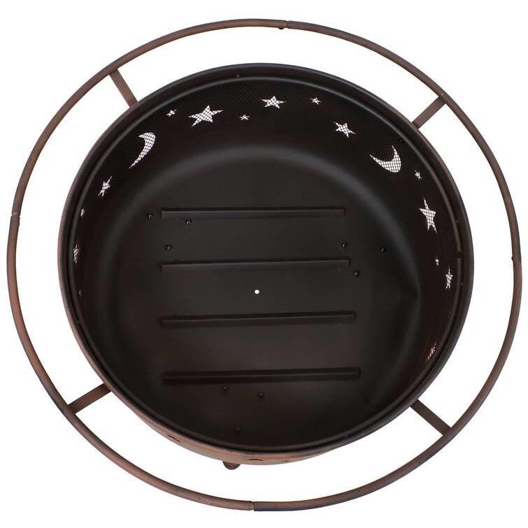Moon Stars Sky Steel Fire Pit Bowl with Screen Cooking Grate and Poker - PRHOMZ