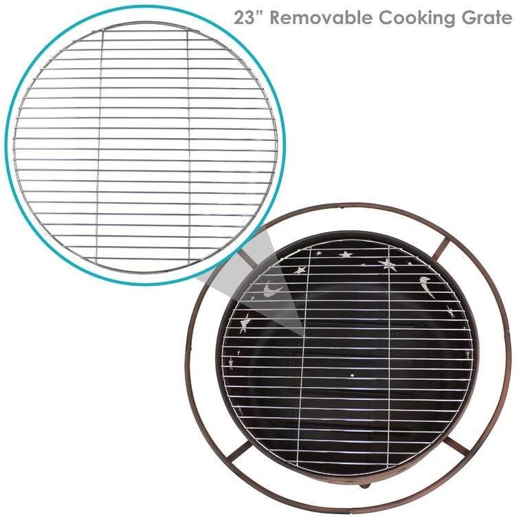 Moon Stars Sky Steel Fire Pit Bowl with Screen Cooking Grate and Poker - PRHOMZ