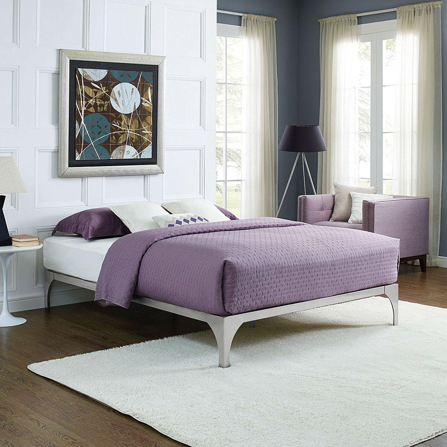 King size Modern Metal Platform Bed Frame in Silver Finish with Wood Slats - PRHOMZ