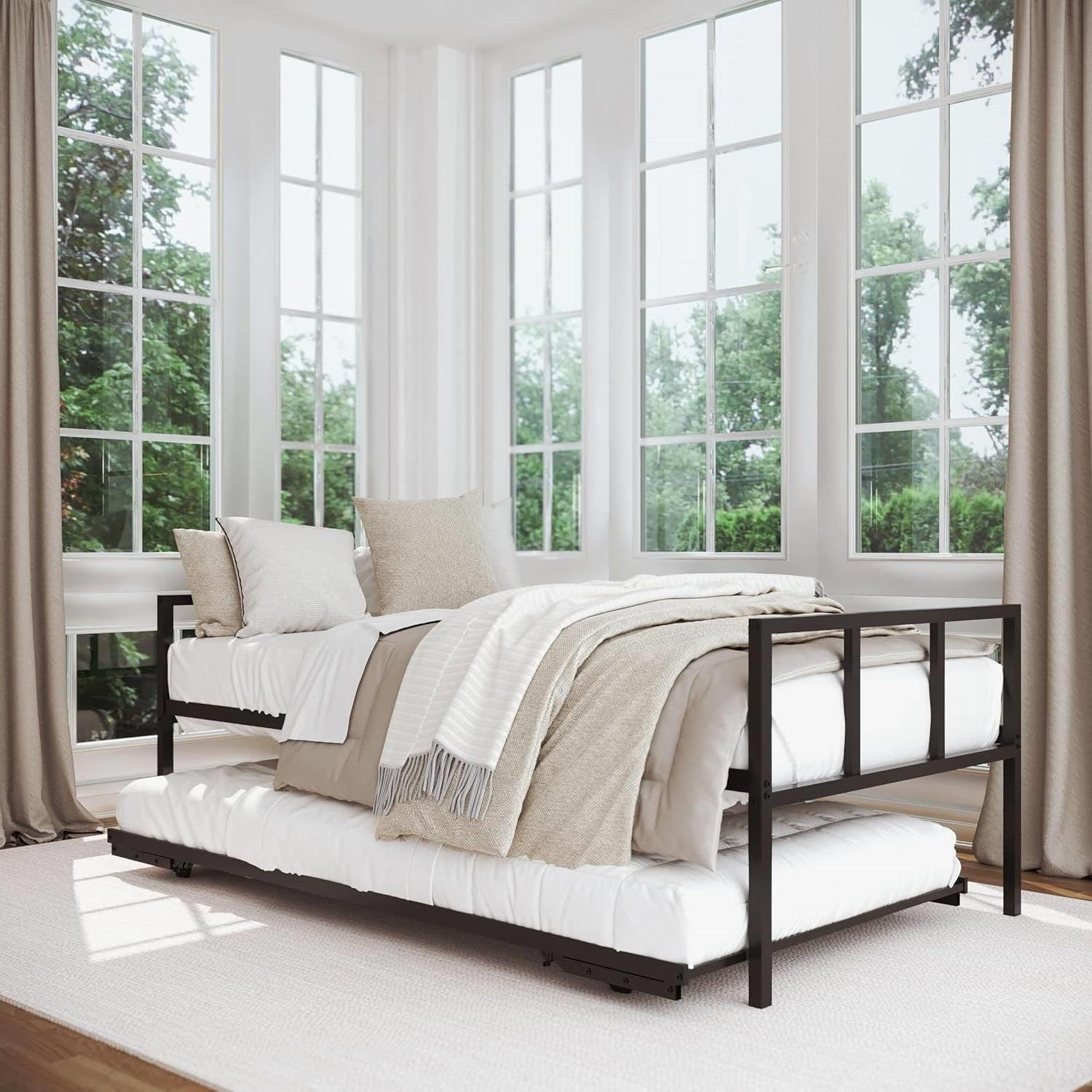 Twin Heavy Duty Black Metal Daybed Frame with Roll-Out Pop-Up Trundle Bed Frame-0