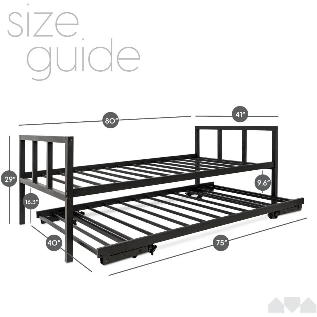 Twin Heavy Duty Black Metal Daybed Frame with Roll-Out Pop-Up Trundle Bed Frame-2