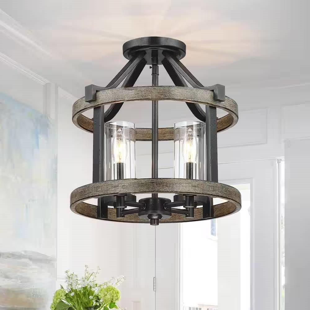 Round 4-Light 12.5-inch Metal Wood Farmhouse Ceiling Lamp - Semi-Flush Mount - PRHOMZ