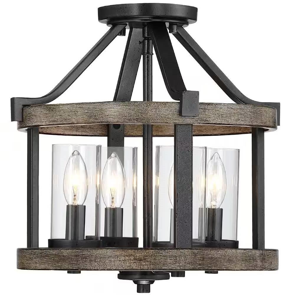 Round 4-Light 12.5-inch Metal Wood Farmhouse Ceiling Lamp - Semi-Flush Mount - PRHOMZ