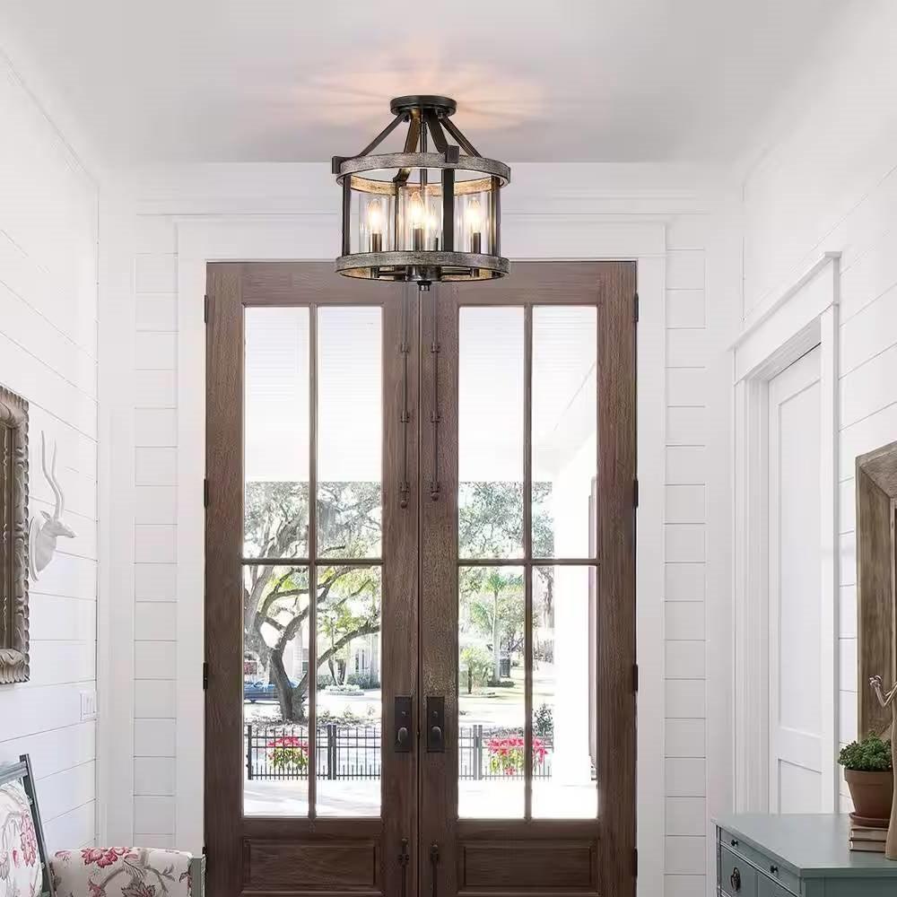 Round 4-Light 12.5-inch Metal Wood Farmhouse Ceiling Lamp - Semi-Flush Mount - PRHOMZ