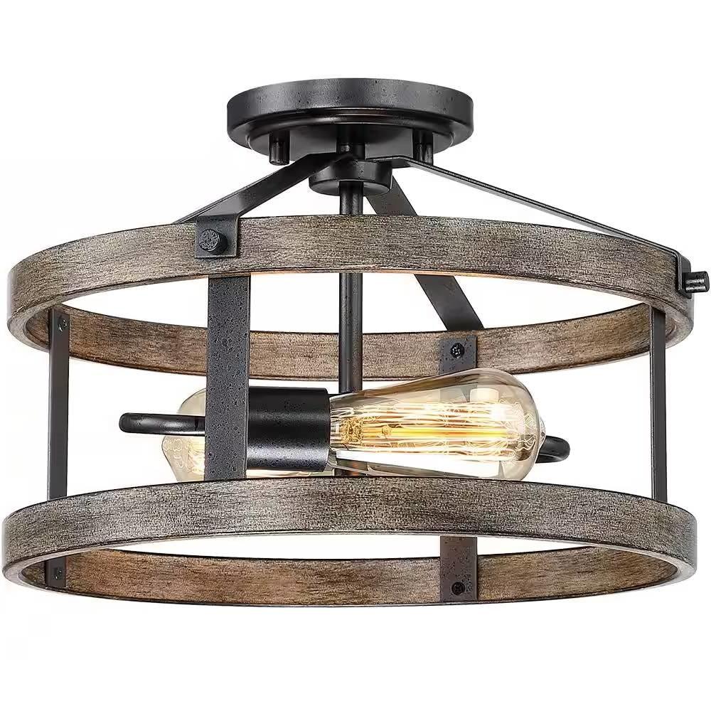 Round 13-inch Metal Wood Farmhouse 2-Light Ceiling Lamp - Semi-Flush Mount - PRHOMZ