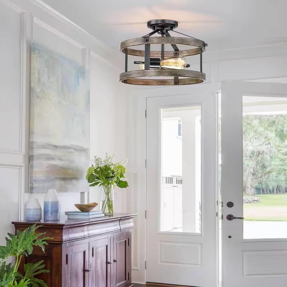 Round 13-inch Metal Wood Farmhouse 2-Light Ceiling Lamp - Semi-Flush Mount - PRHOMZ