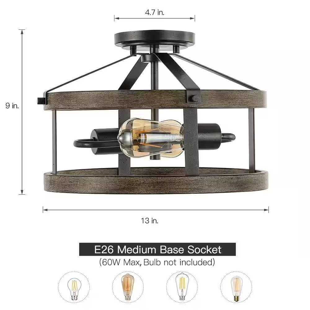 Round 13-inch Metal Wood Farmhouse 2-Light Ceiling Lamp - Semi-Flush Mount - PRHOMZ