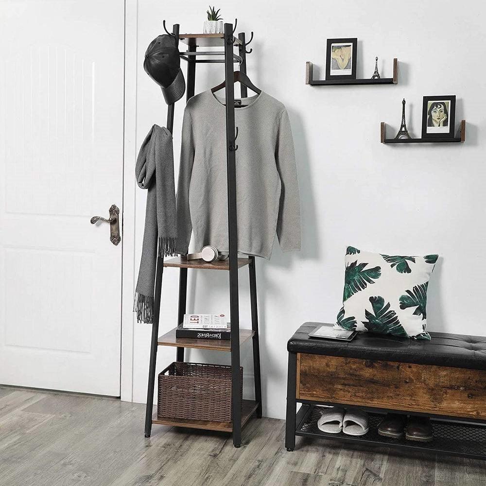 Modern Industrial Metal Frame Wood Shelf Coat Rack with 3-Shelves - PRHOMZ