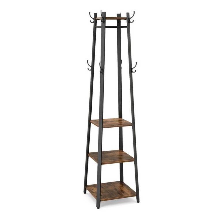 Modern Industrial Metal Frame Wood Shelf Coat Rack with 3-Shelves - PRHOMZ