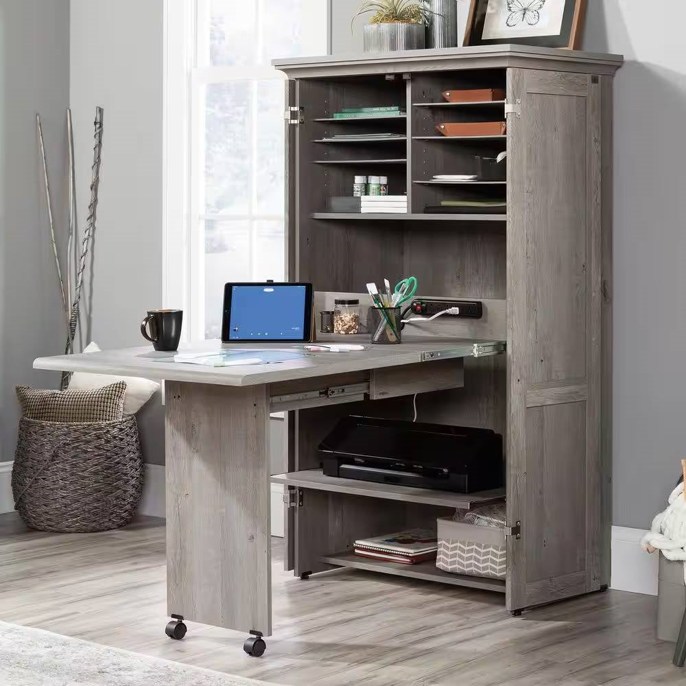 Armoire with Drop Leaf Laptop Desk Craft Table in Grey Oak Finish - Made in USA-0