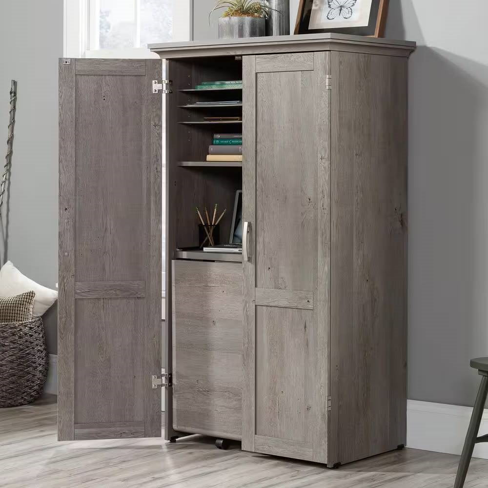 Armoire with Drop Leaf Laptop Desk Craft Table in Grey Oak Finish - Made in USA-2