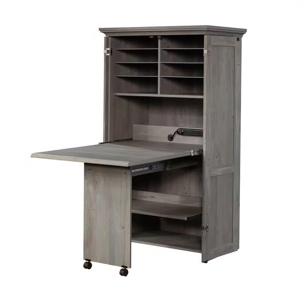 Armoire with Drop Leaf Laptop Desk Craft Table in Grey Oak Finish - Made in USA-3