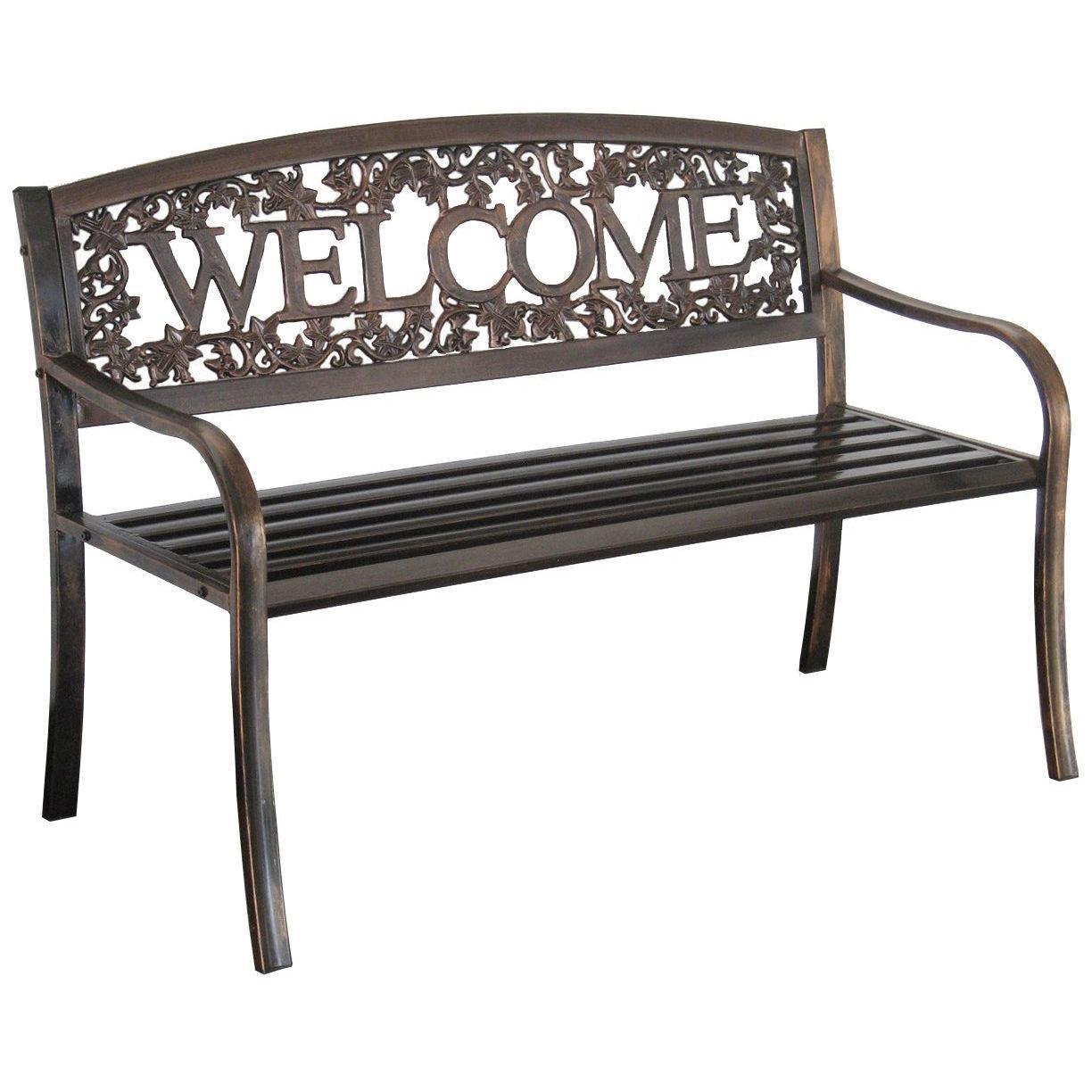 Outdoor Weather Resistant Metal Garden Bench with Welcome Floral Back - PRHOMZ