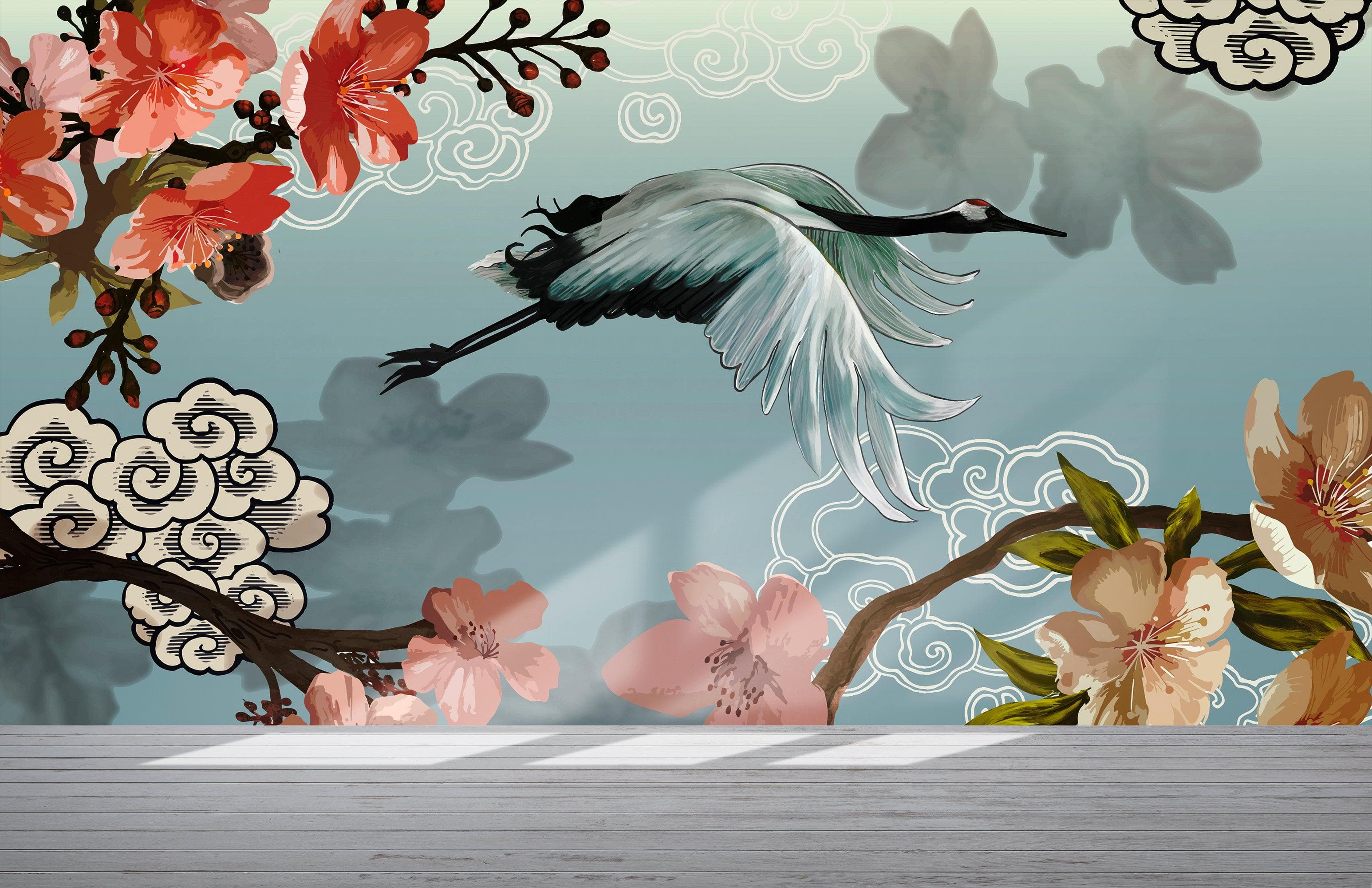 Manchurian Crane Flying Over Cherry Blossoms Peel and Stick Wallpaper | Removable Wall Mural. #6205