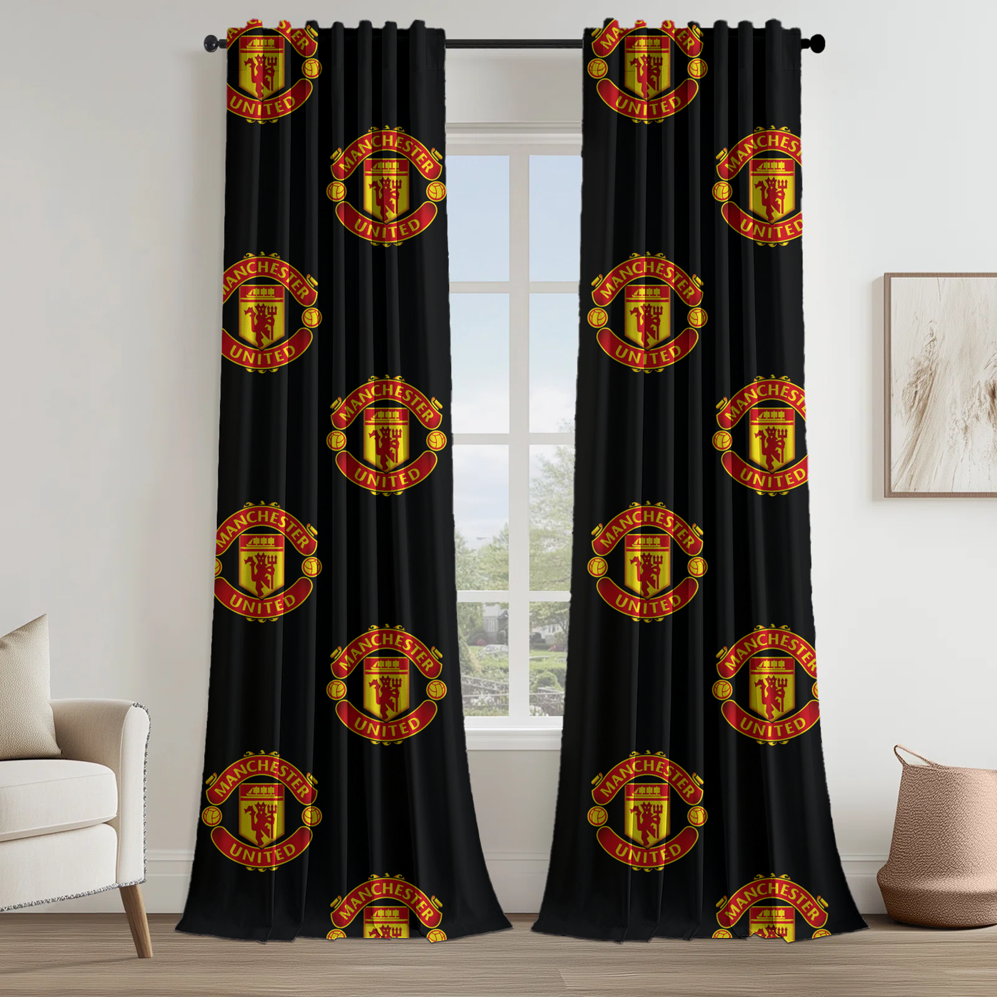Manchester United FC Curtains | Red & Black | Licensed Merchandise | Eyelet, Ring Top, Rod Pocket Curtains | Blackout Lining Option-1