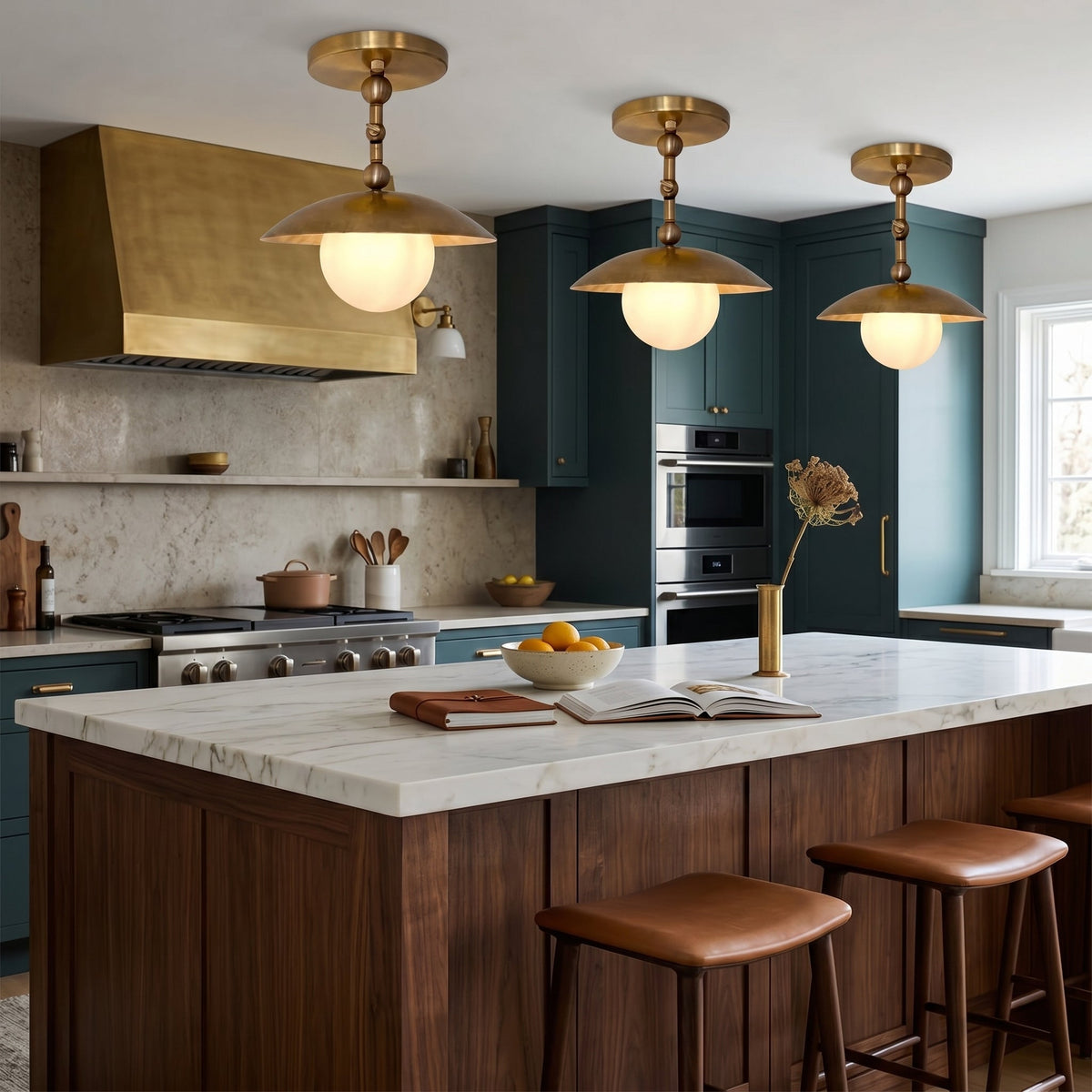Brass Dome Semi-Flush Ceiling Lamp with Alabaster Shade | Mid-Century Light