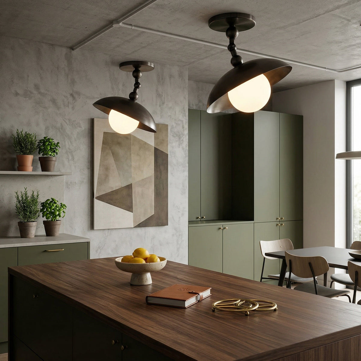 Brass Dome Semi-Flush Ceiling Lamp with Alabaster Shade | Mid-Century Light