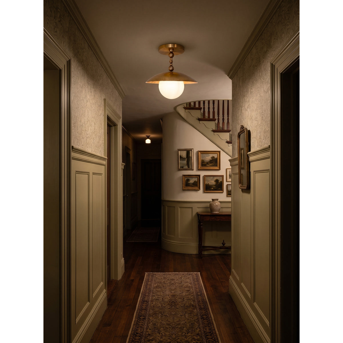 Brass Dome Semi-Flush Ceiling Lamp with Alabaster Shade | Mid-Century Light
