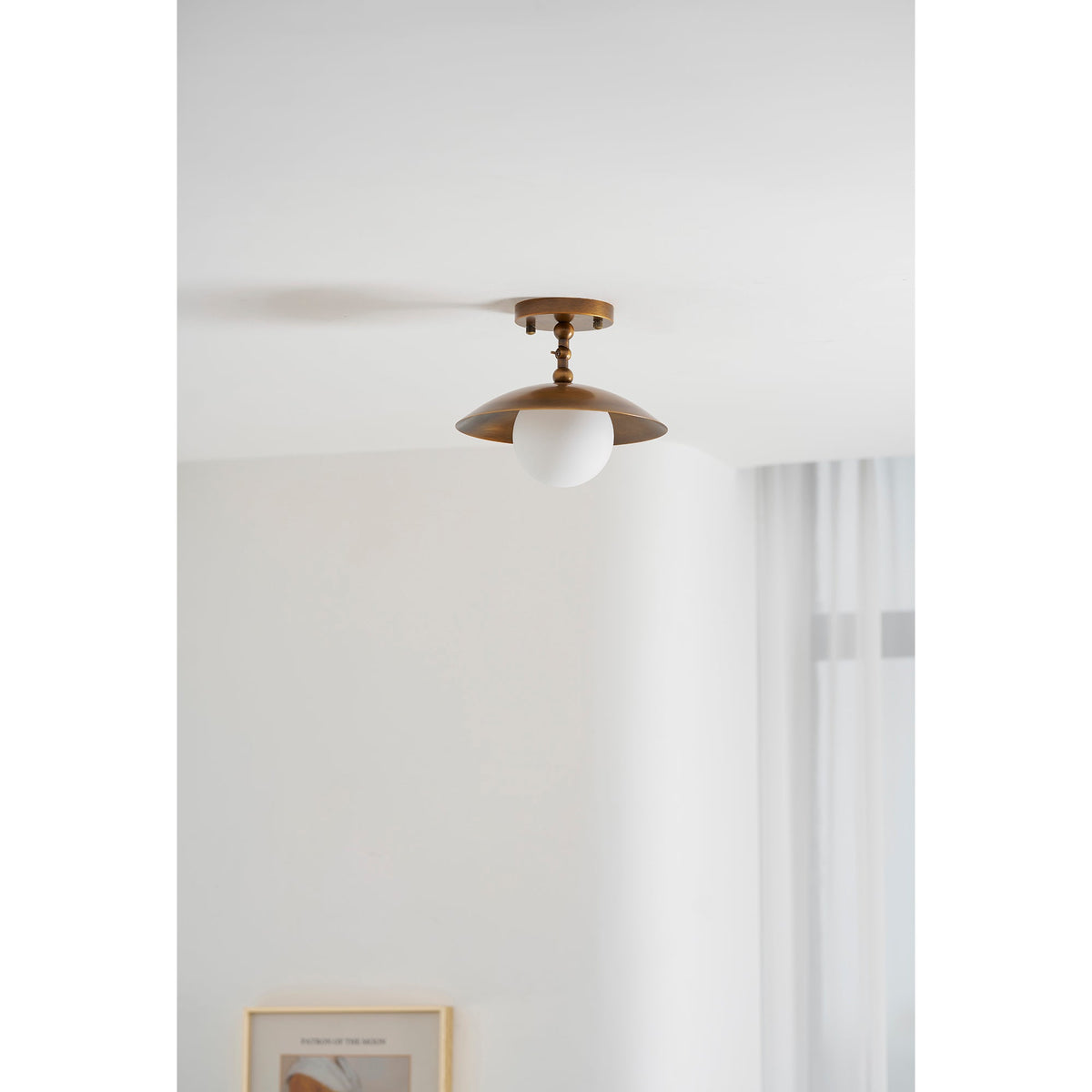 Brass Dome Semi-Flush Ceiling Lamp with Alabaster Shade | Mid-Century Light