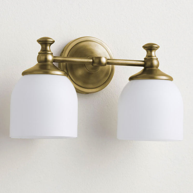 Vanity Glow Series | Brass Short Arm Wall Sconce with Milk Glass Dome for Bathroom
