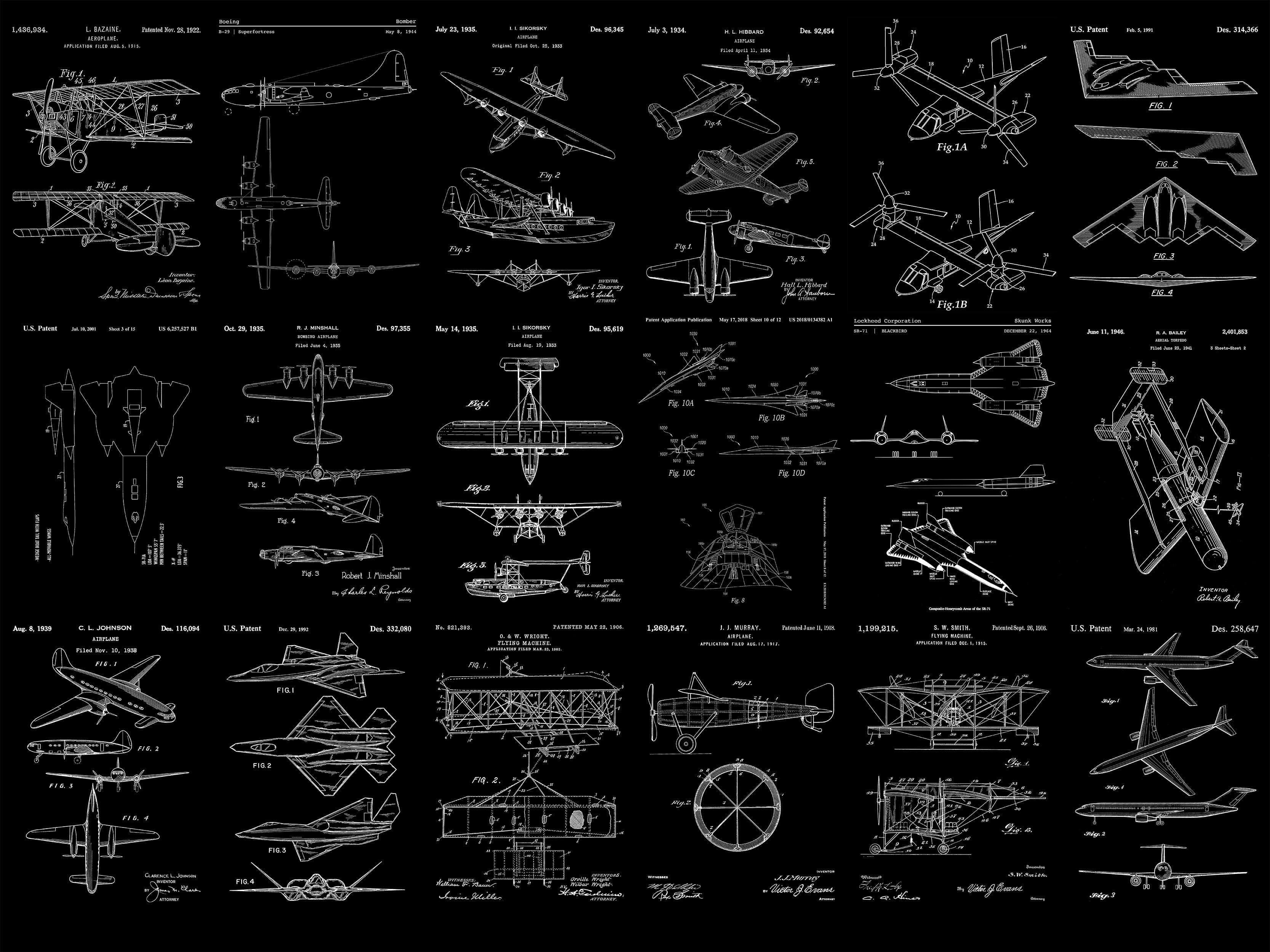 Aviation Wallpaper Mural. Featuring Military Jet and Airplane Patent Designs. #6732